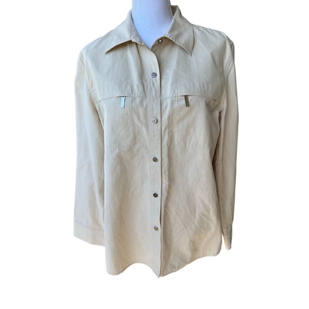 Ellen Tracy Shirt Jacket Womens Sz 16 Long Sleeve Tan Zip Pockets Button Front